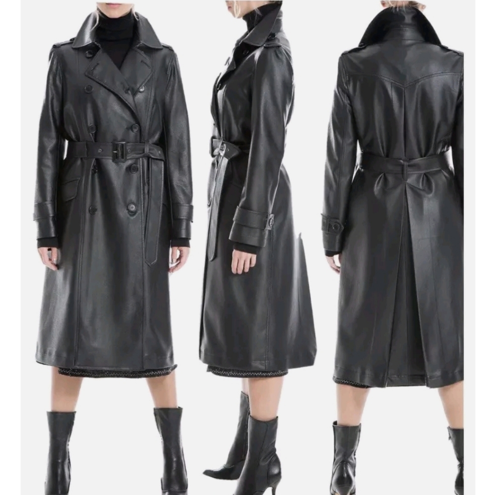 MAX STUDIO Faux Leather Black Long Double Breasted Belted Trench Coat XL - Picture 4 of 11